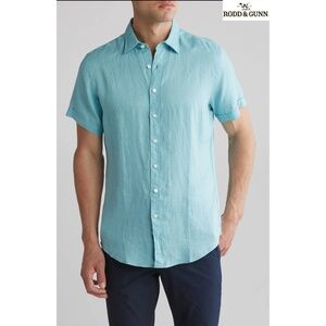 RODD & GUNN MEN NWT GREY LYNN TURQUOISE LINEN S/S SLIM FIT SPORT SHIRT. SIZE M